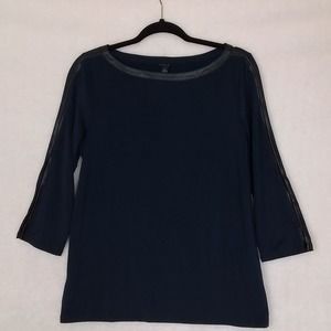 Ann Taylor Womens 3/4 Sleeve Blouse Size M w Faux Leather Trim in Navy Blue‎